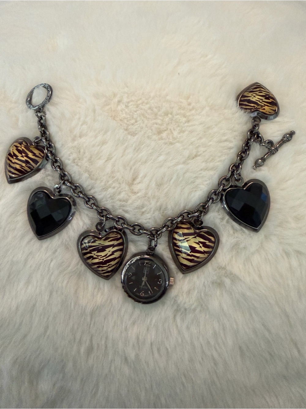 New York & Company Black and Gold Heart Charm Bracelet Watch
